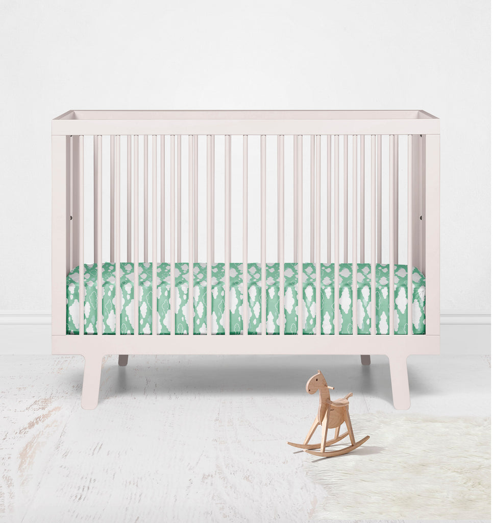 Crib or Toddler Bed Fitted Sheet 100% Cotton Percale, Clouds in the City Mint/Grey - Bacati - Crib/Toddler Fitted Sheet - Bacati