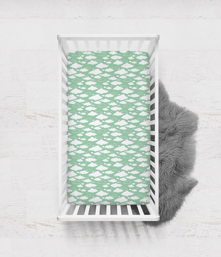 Crib or Toddler Bed Fitted Sheet 100% Cotton Percale, Clouds in the City Mint/Grey - Bacati - Crib/Toddler Fitted Sheet - Bacati