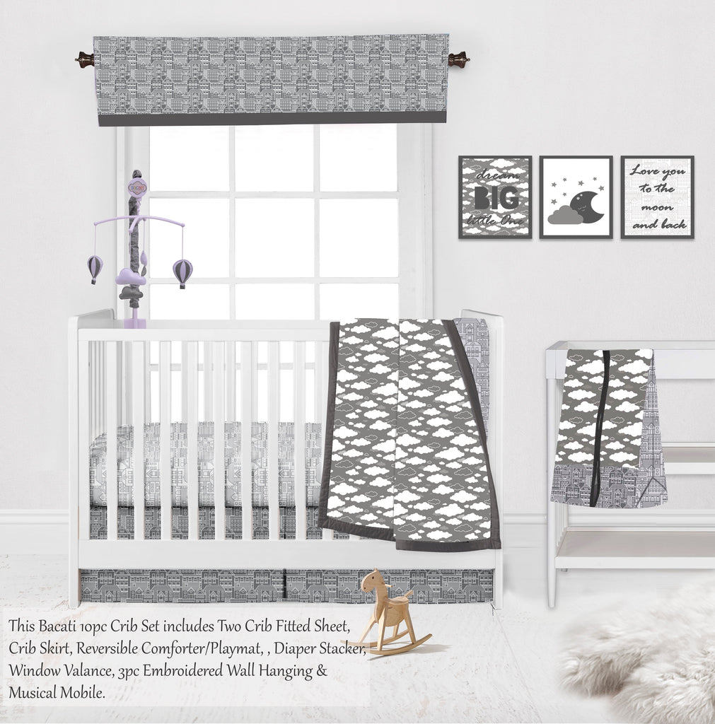 Clouds in the City White/Grey Neutral Crib Bedding Set - Bacati - Crib Bedding Set - Bacati