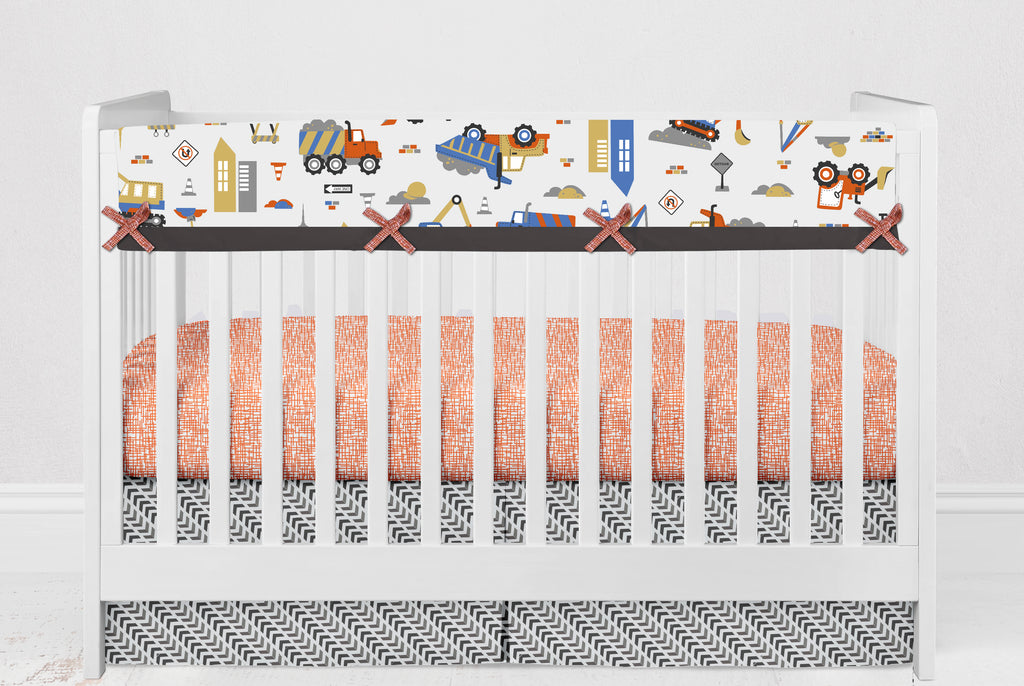 Long/Small Crib Rail Guard Covers Cotton, Construction, Yellow/Orange/Grey/Blue - Bacati - Crib Rail Guard - Bacati