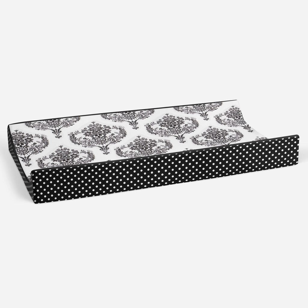 Classic Damask Black/White Neutral Quilted Changing Pad Cover - Bacati - Changing pad cover - Bacati