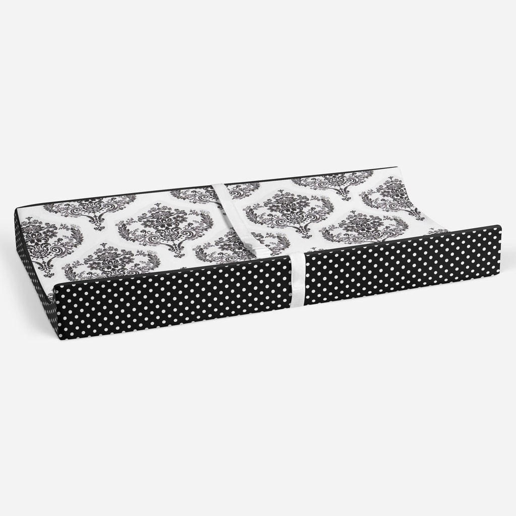 Classic Damask Black/White Neutral Quilted Changing Pad Cover - Bacati - Changing pad cover - Bacati