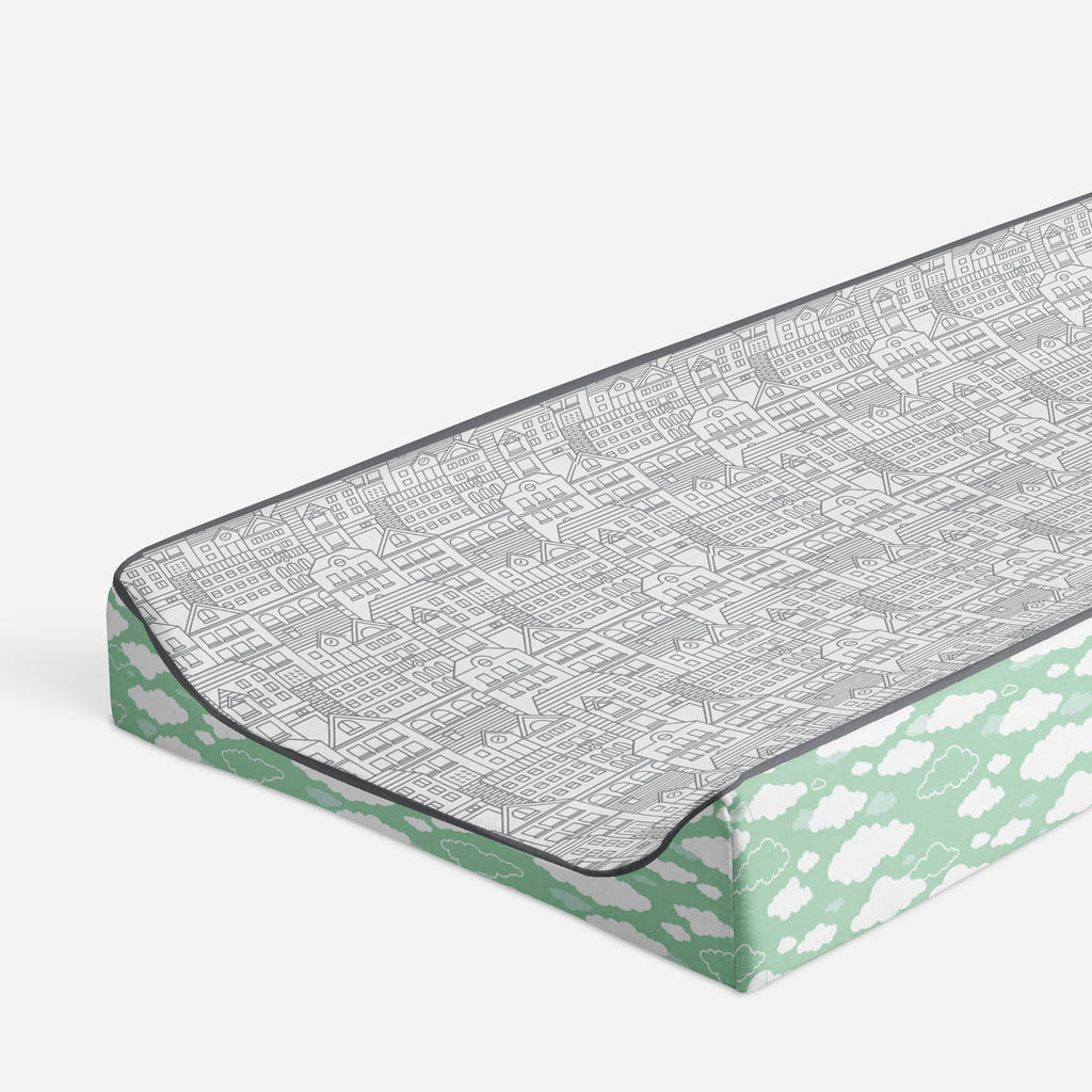 Clouds in the City Mint/Grey Neutral Quilted Changing Pad Cover - Bacati - Changing pad cover - Bacati