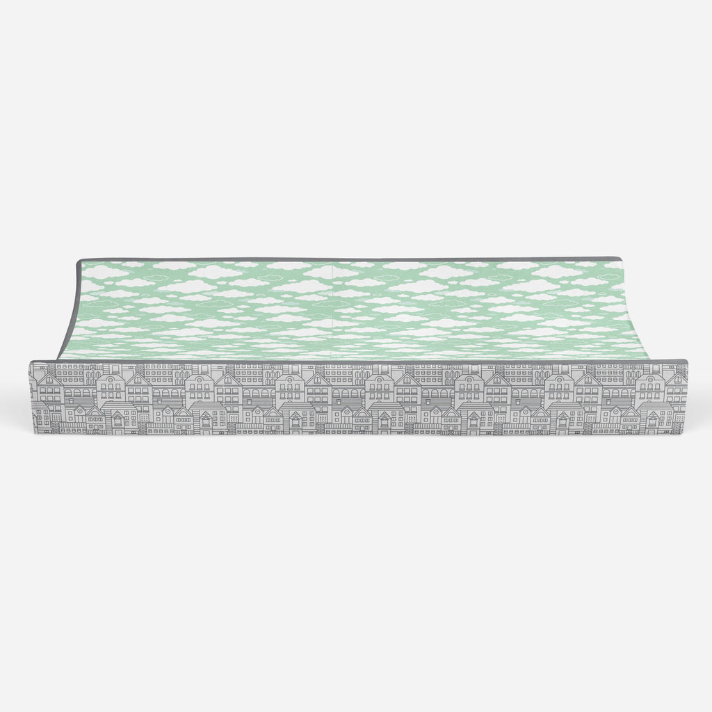 Clouds in the City Mint/Grey Neutral Quilted Changing Pad Cover - Bacati - Changing pad cover - Bacati