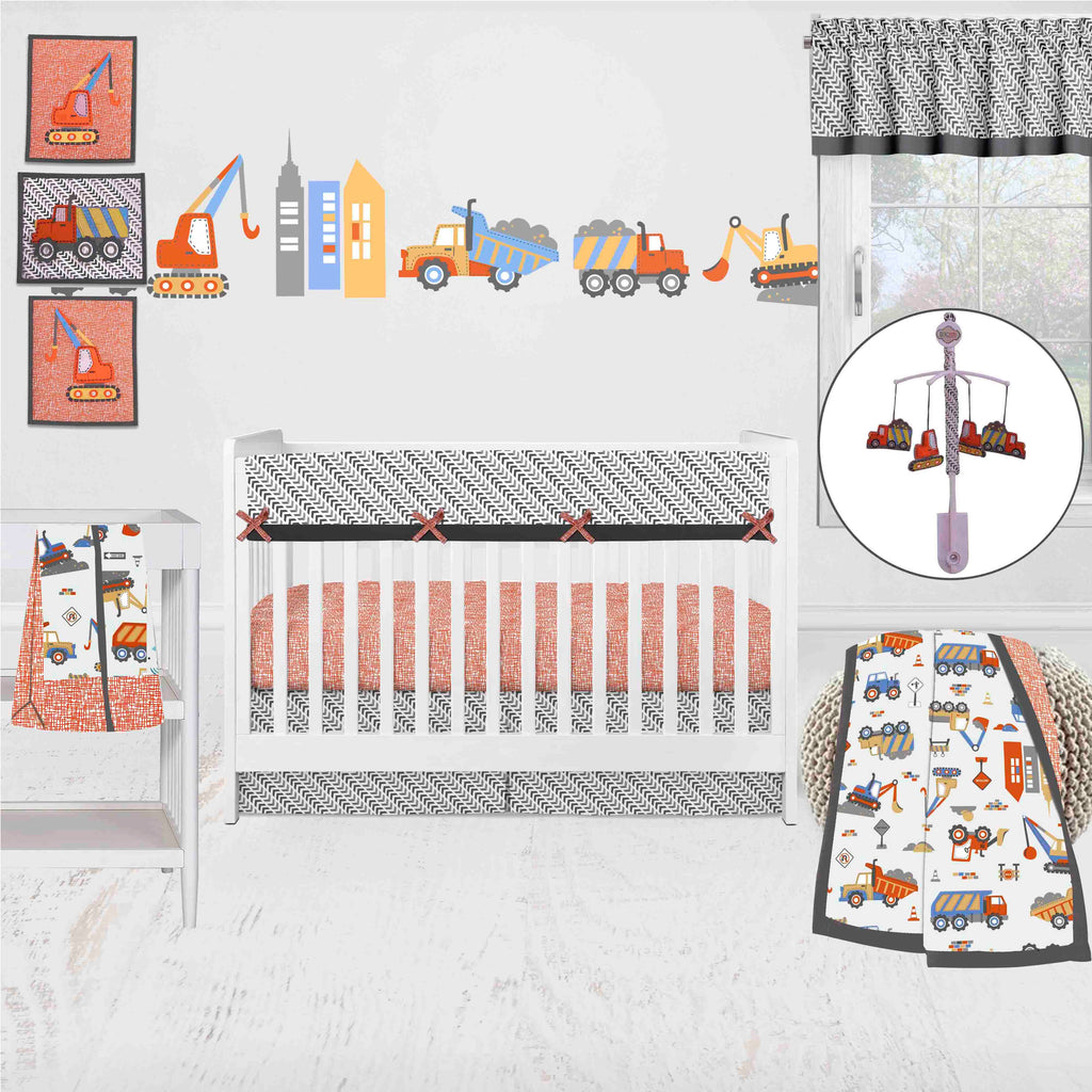 Bacati - Long/Small Crib Rail Guard Covers Cotton, Construction, Yellow/Orange/Grey/Blue - Bacati - Crib Rail Guard - Bacati