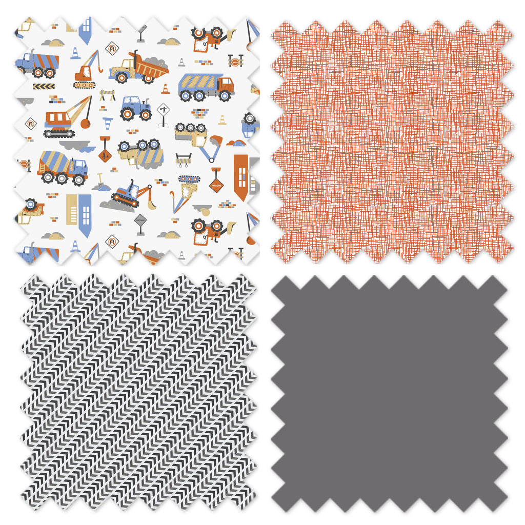 Boys 4 pc Toddler Bedding/3 pc Sheet Set 100% Cotton Percale, Construction Grey/Yellow/Orange/Blue - Bacati - 4 pc Toddler Bedding Set - Bacati