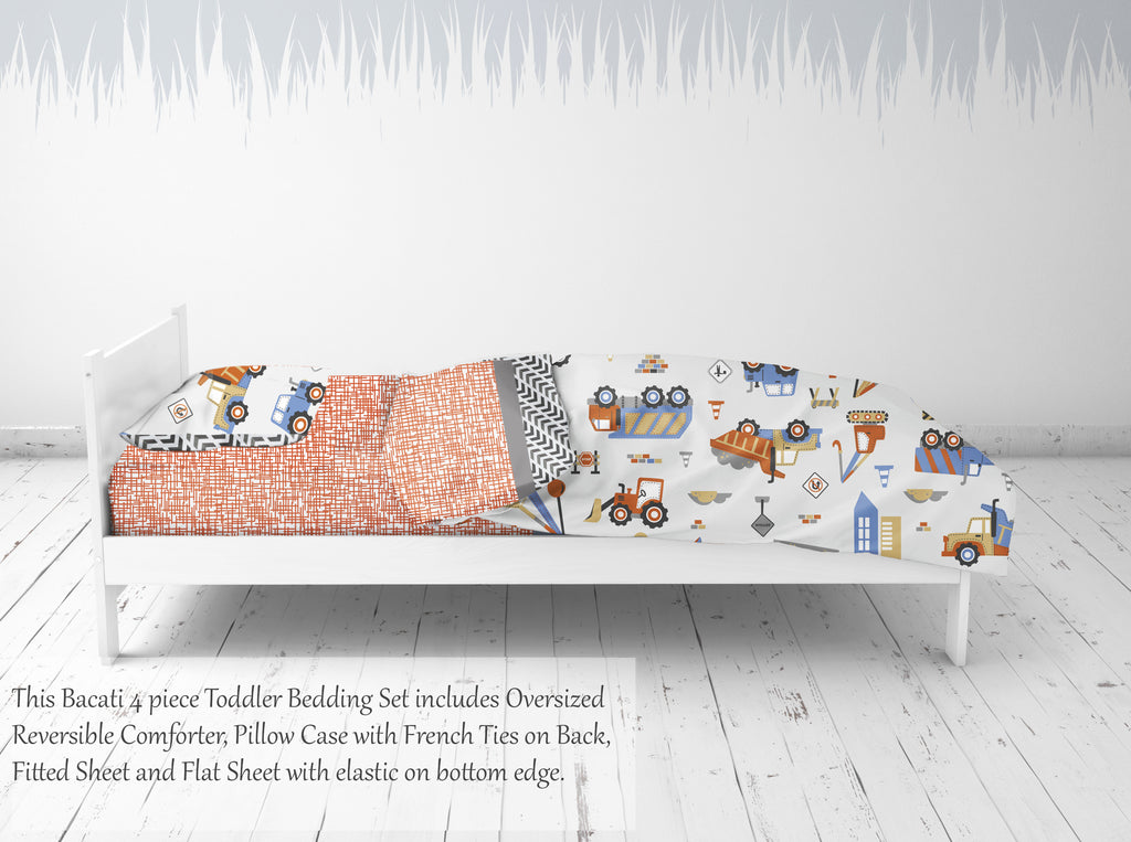 Boys 4 pc Toddler Bedding/3 pc Sheet Set 100% Cotton Percale, Construction Grey/Yellow/Orange/Blue - Bacati - 4 pc Toddler Bedding Set - Bacati
