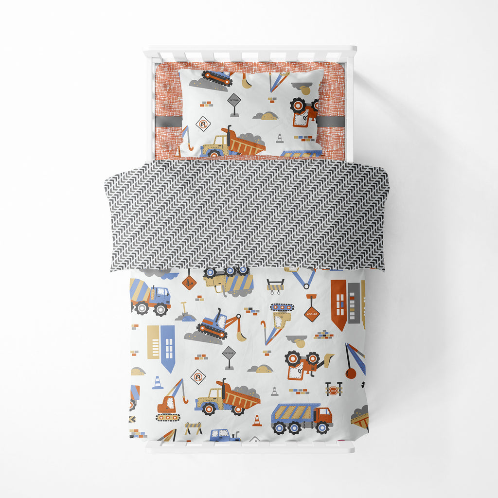Boys 4 pc Toddler Bedding/3 pc Sheet Set 100% Cotton Percale, Construction Grey/Yellow/Orange/Blue - Bacati - 4 pc Toddler Bedding Set - Bacati