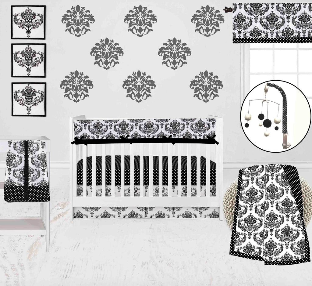 Classic Damask Black/Grey/White Neutral Crib Bedding Set - Bacati - Crib Bedding Set - Bacati