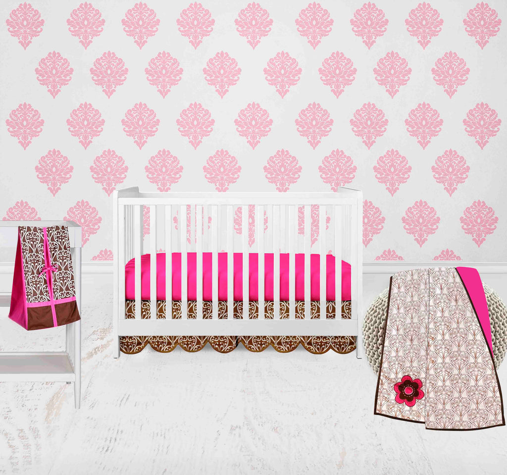 Damask Floral Pink/Chocolate Girls Crib Bedding Set - Bacati - Crib Bedding Set - Bacati