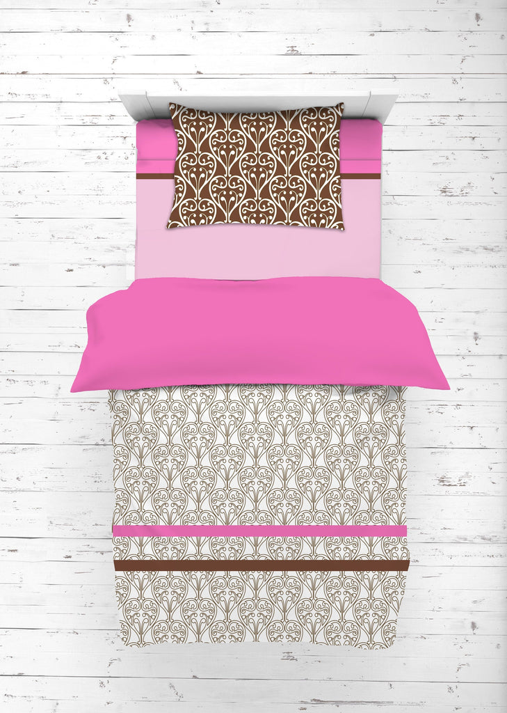 Girls 4 pc Toddler Bedding/3 pc Sheet Set 100% Cotton Percale, Damask, Pink/Fuchsia/Chocolate - Bacati - 4 pc Toddler Bedding Set - Bacati