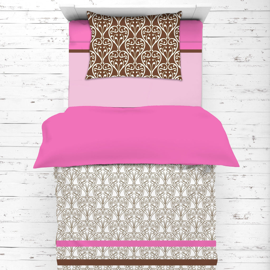 Girls 4 pc Toddler Bedding/3 pc Sheet Set 100% Cotton Percale, Damask, Pink/Fuchsia/Chocolate - Bacati - 4 pc Toddler Bedding Set - Bacati