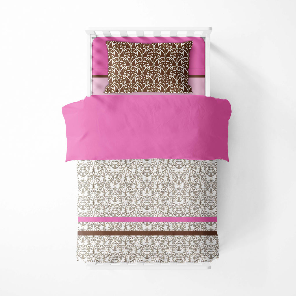 Girls 4 pc Toddler Bedding/3 pc Sheet Set 100% Cotton Percale, Damask, Pink/Fuchsia/Chocolate - Bacati - 4 pc Toddler Bedding Set - Bacati