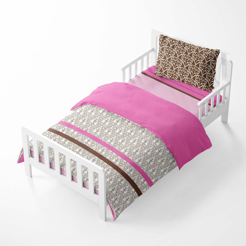 Girls 4 pc Toddler Bedding/3 pc Sheet Set 100% Cotton Percale, Damask, Pink/Fuchsia/Chocolate - Bacati - 4 pc Toddler Bedding Set - Bacati