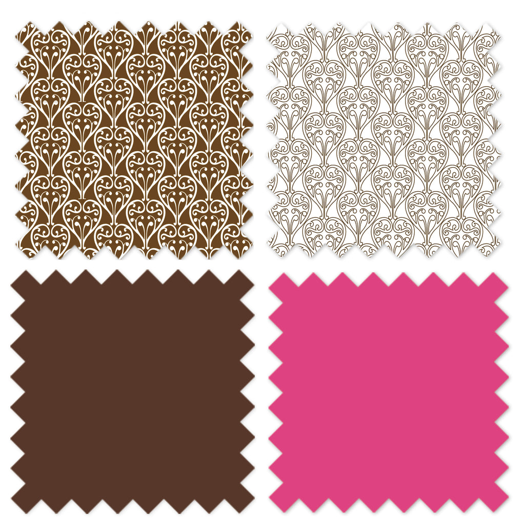 Girls 4 pc Toddler Bedding/3 pc Sheet Set 100% Cotton Percale, Damask, Pink/Fuchsia/Chocolate - Bacati - 4 pc Toddler Bedding Set - Bacati