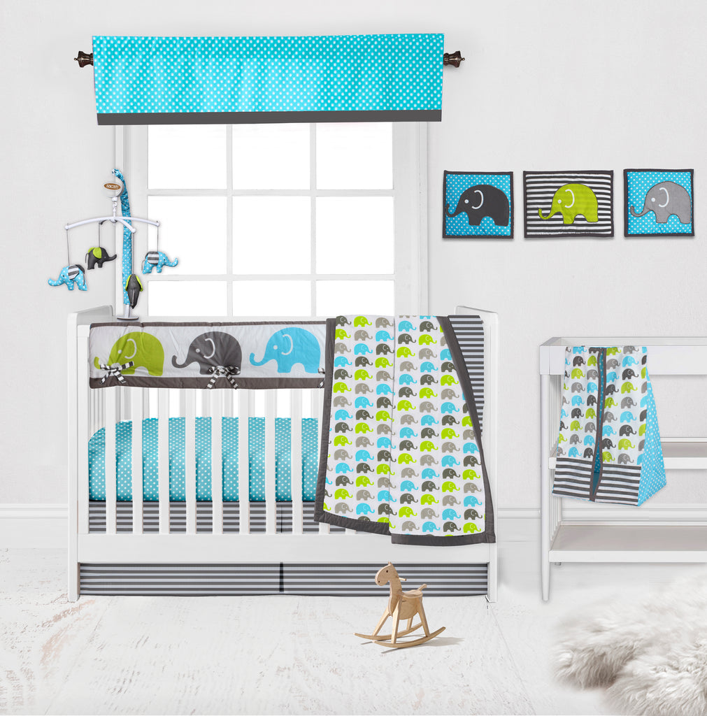 Long/Small Crib Rail Guard Covers Cotton Elephants Aqua/Lime/Grey - Bacati - Crib Rail Guard - Bacati