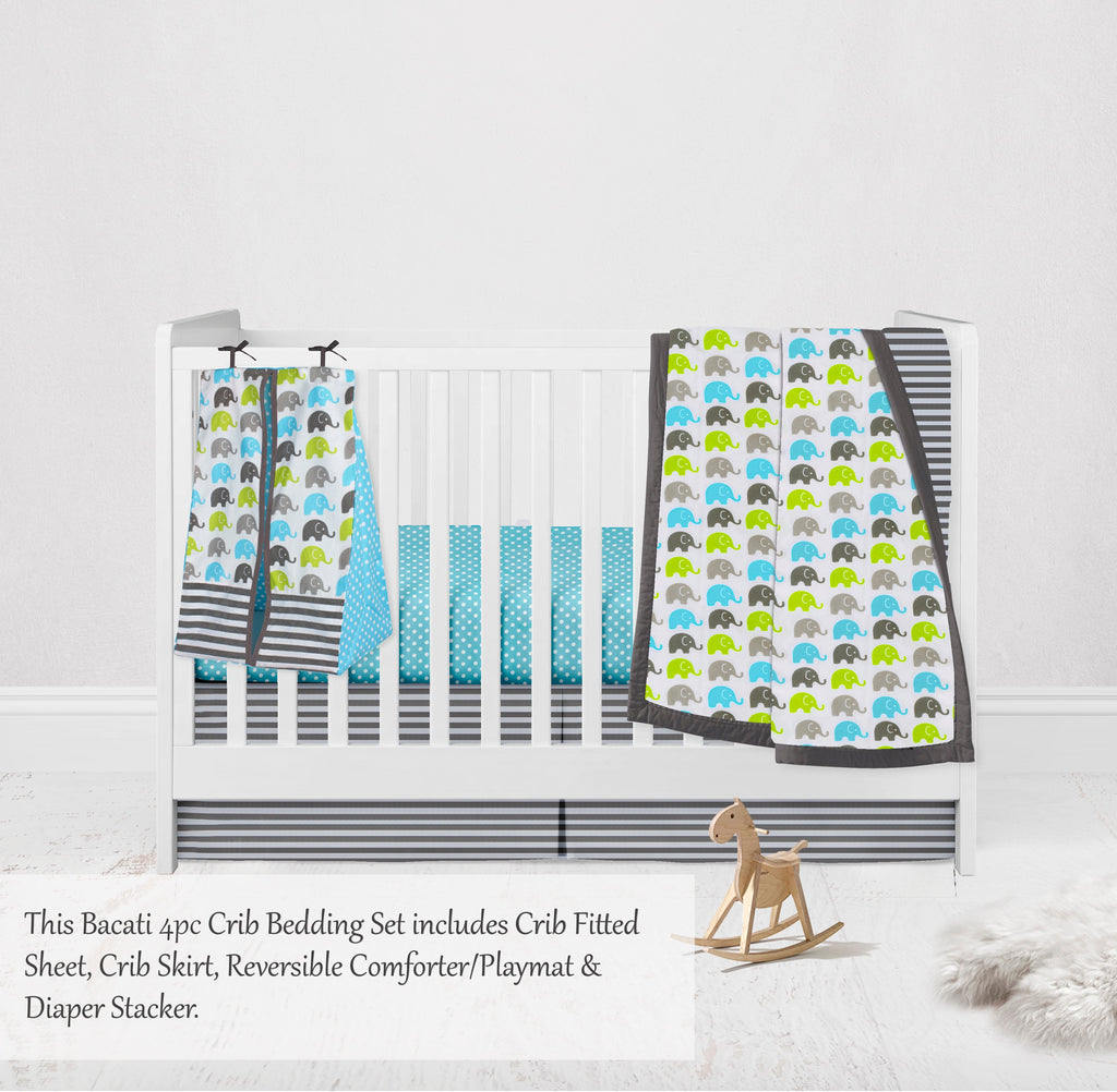 Elephants Aqua/Lime/Grey Neutral Crib Bedding Set - Bacati - Crib Bedding Set - Bacati