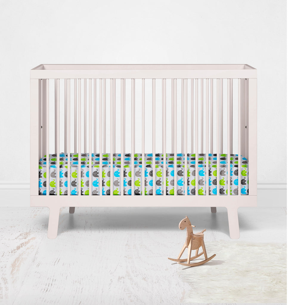 Crib or Toddler Bed Fitted Sheet, Elephants Aqua/Lime/Grey - Bacati - Crib/Toddler Fitted Sheet - Bacati