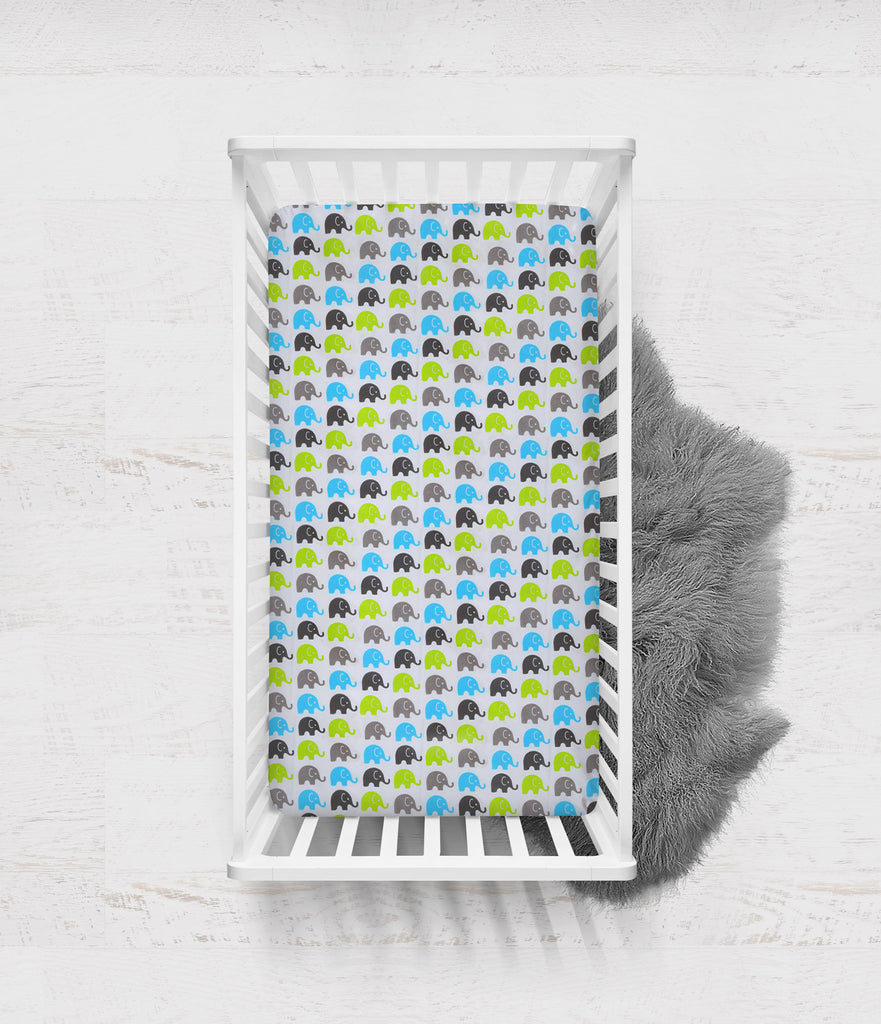 Crib or Toddler Bed Fitted Sheet, Elephants Aqua/Lime/Grey - Bacati - Crib/Toddler Fitted Sheet - Bacati
