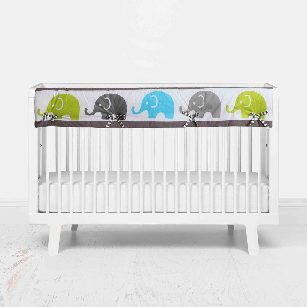 Bacati - Long/Small Crib Rail Guard Covers Cotton Elephants Aqua/Lime/Grey - Bacati - Crib Rail Guard - Bacati