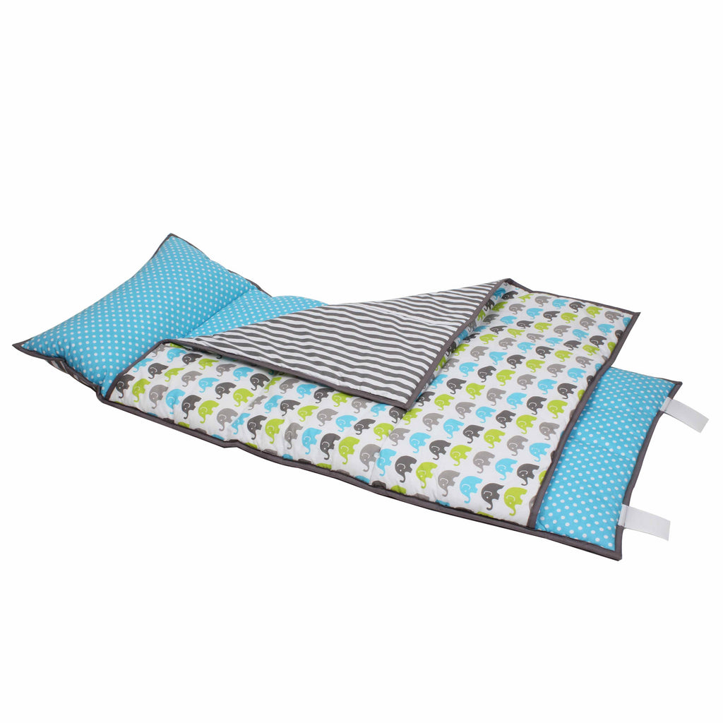 Bacati - Toddlers Daycare/Sleepover Nap Mat with Pillow & Blanket, Elephants Aqua/Lime/Grey - Bacati - Toddler Napmat - Bacati