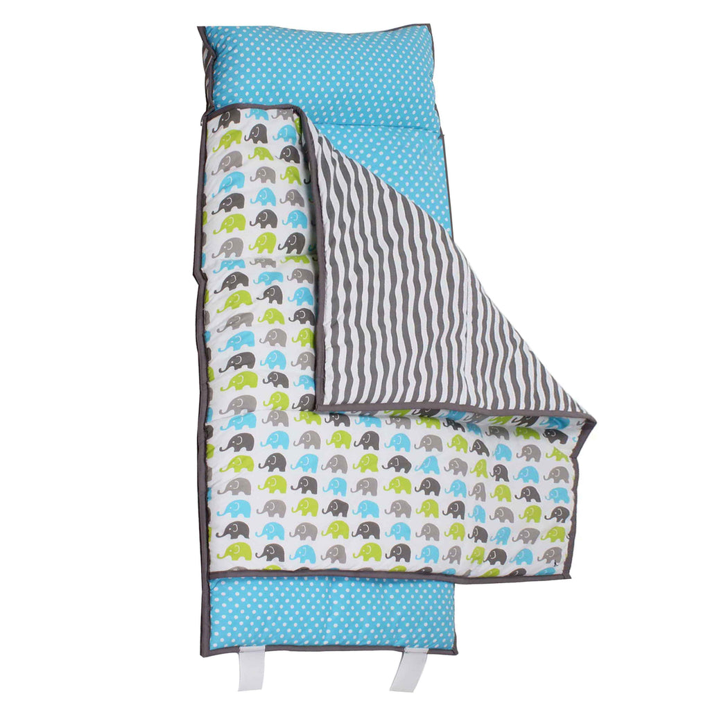Bacati - Toddlers Daycare/Sleepover Nap Mat with Pillow & Blanket, Elephants Aqua/Lime/Grey - Bacati - Toddler Napmat - Bacati