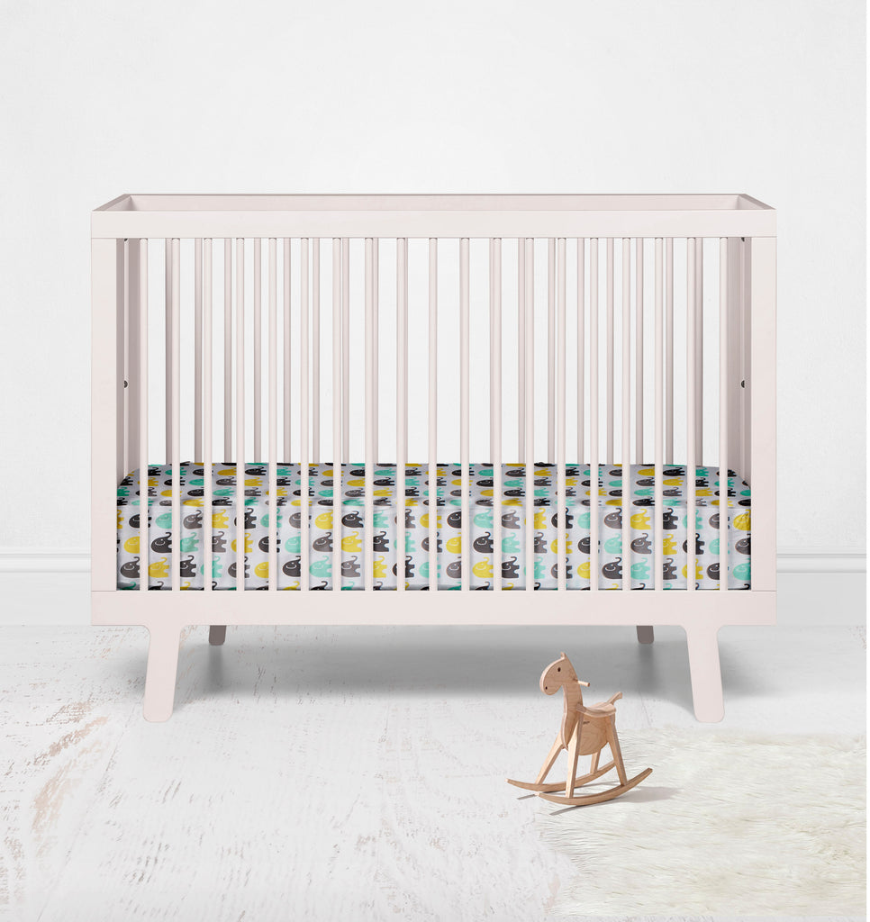 Crib or Toddler Bed Fitted Sheet 100% Cotton Percale, Elephants Mint/Yellow/Grey - Bacati - Crib/Toddler Fitted Sheet - Bacati