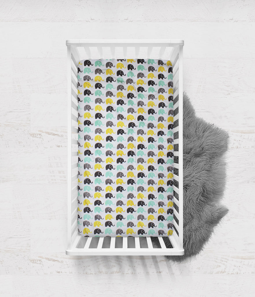 Crib or Toddler Bed Fitted Sheet 100% Cotton Percale, Elephants Mint/Yellow/Grey - Bacati - Crib/Toddler Fitted Sheet - Bacati