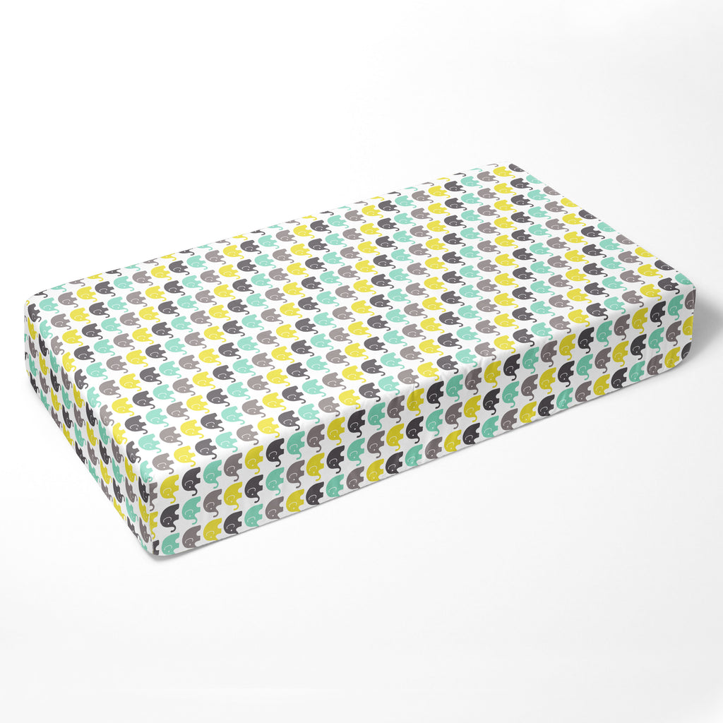 Crib or Toddler Bed Fitted Sheet 100% Cotton Percale, Elephants Mint/Yellow/Grey - Bacati - Crib/Toddler Fitted Sheet - Bacati