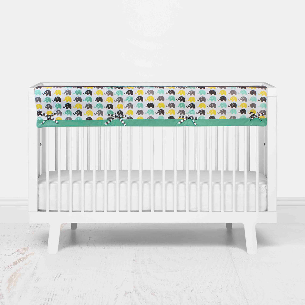 Bacati - Long/Small Crib Rail Guard Covers Cotton Elephants Mint/Yellow/Grey - Bacati - Crib Rail Guard - Bacati