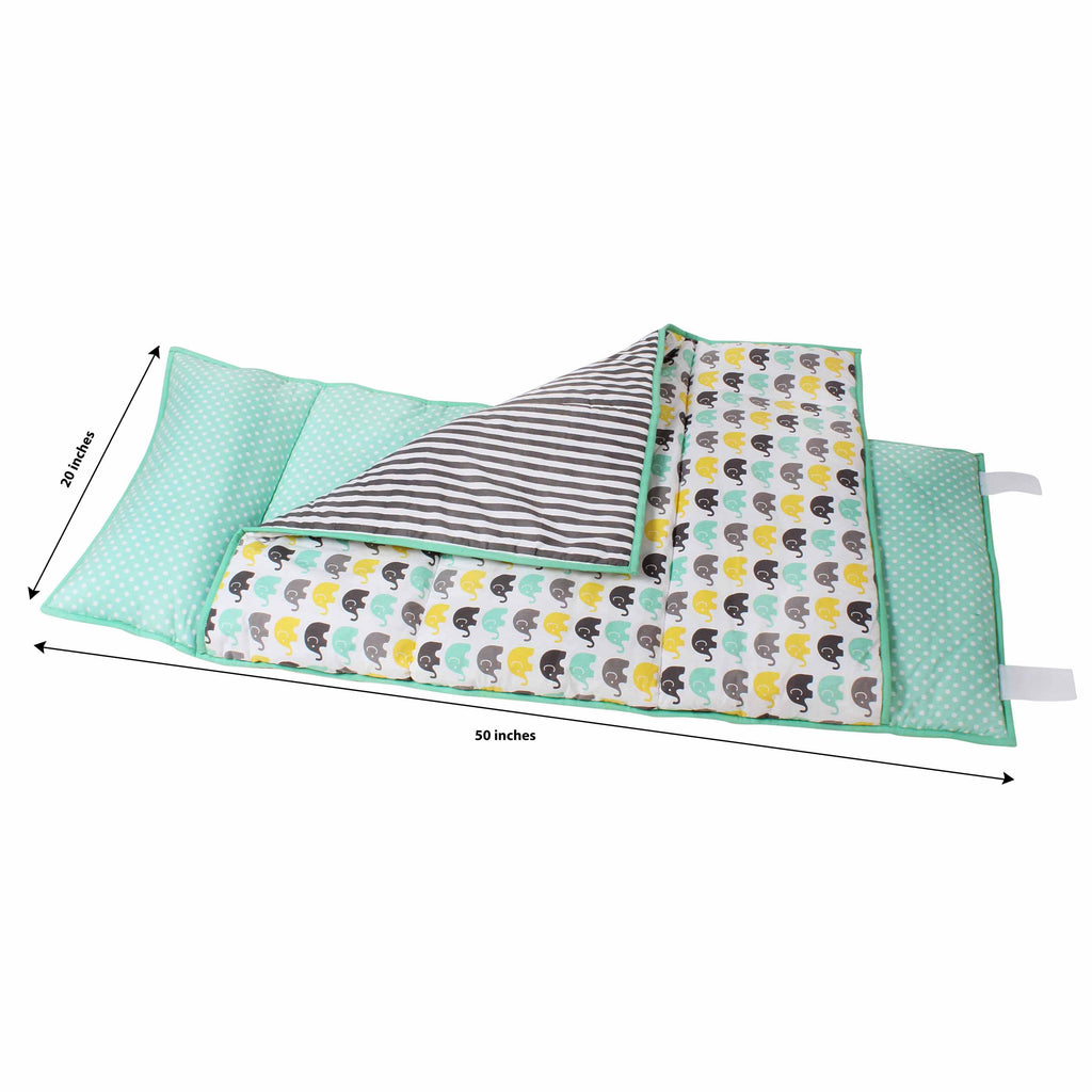 Bacati - Toddlers Daycare/Sleepover Nap Mat with Pillow & Blanket, Elephants Mint/Yellow/Grey - Bacati - Toddler Napmat - Bacati