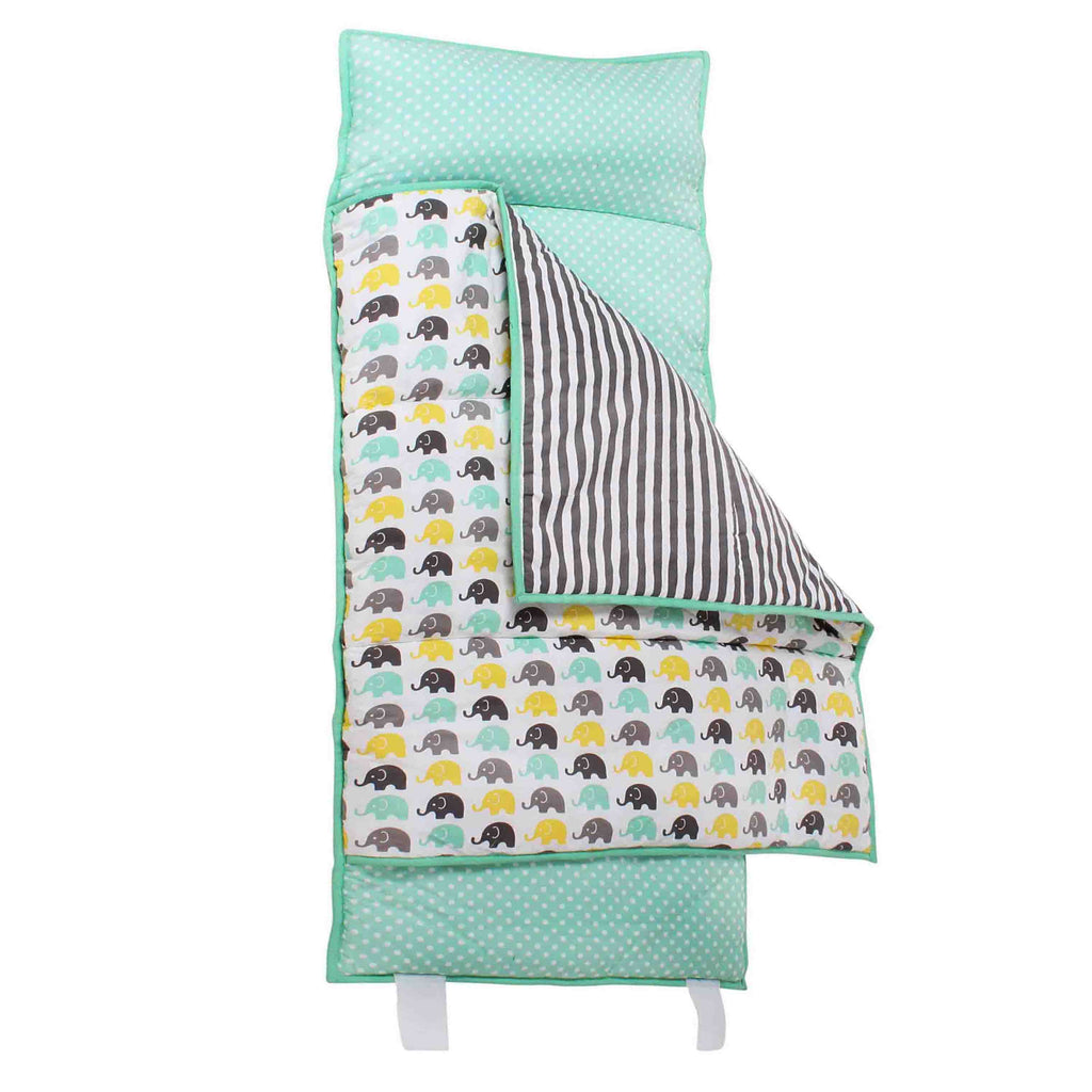 Bacati - Toddlers Daycare/Sleepover Nap Mat with Pillow & Blanket, Elephants Mint/Yellow/Grey - Bacati - Toddler Napmat - Bacati