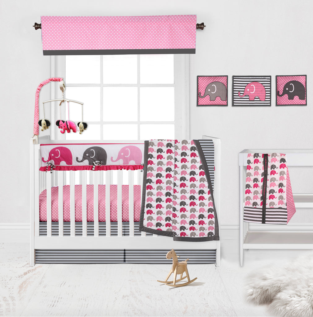 Long/Small Crib Rail Guard Covers Cotton Elephants Pink/Grey - Bacati - Crib Rail Guard - Bacati