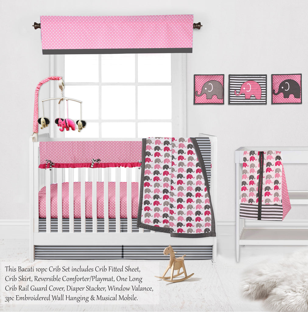 Elephants Pink/Grey Girls Crib Bedding Set - Bacati - Crib Bedding Set - Bacati