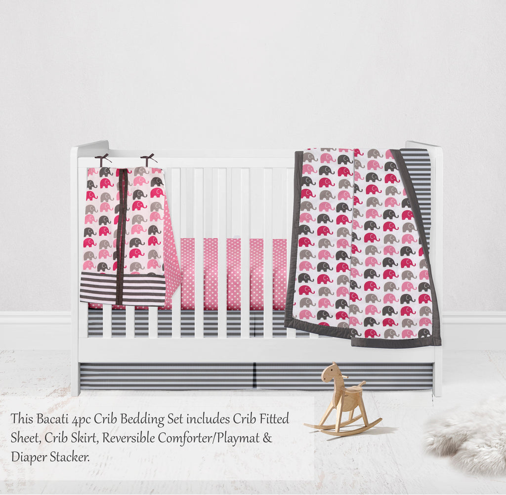 Elephants Pink/Grey Girls Crib Bedding Set - Bacati - Crib Bedding Set - Bacati