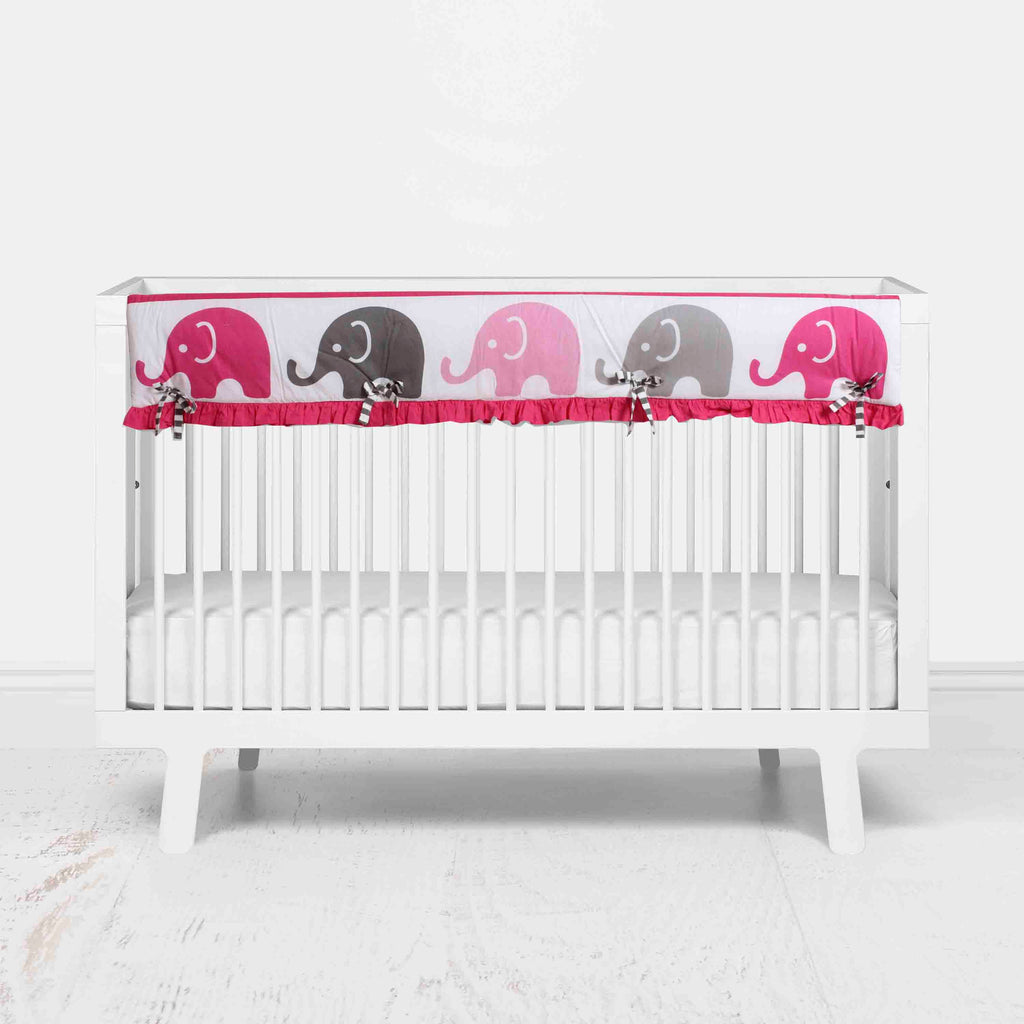 Bacati - Long/Small Crib Rail Guard Covers Cotton Elephants Pink/Grey - Bacati - Crib Rail Guard - Bacati