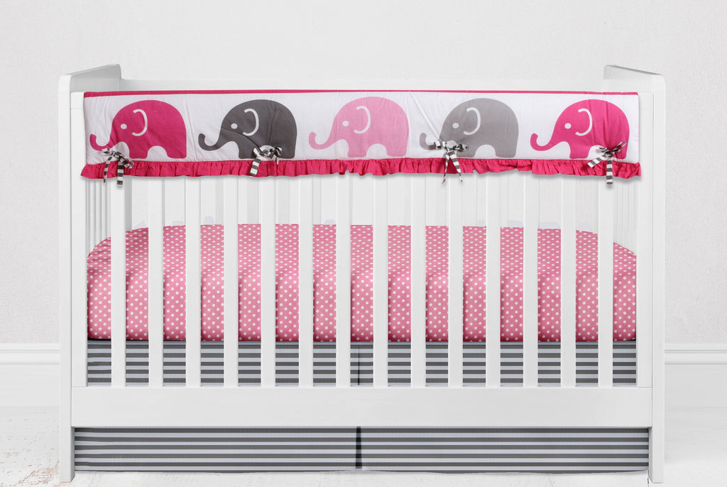 Long/Small Crib Rail Guard Covers Cotton Elephants Pink/Grey - Bacati - Crib Rail Guard - Bacati