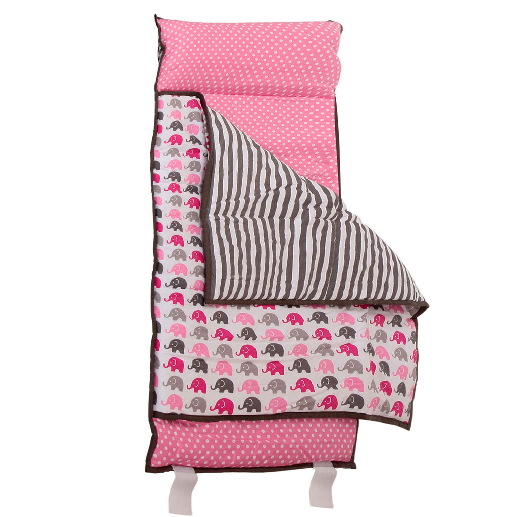 Bacati - Toddlers Daycare/Sleepover Nap Mat with Pillow & Blanket, Elephants Pink/Grey - Bacati - Toddler Napmat - Bacati