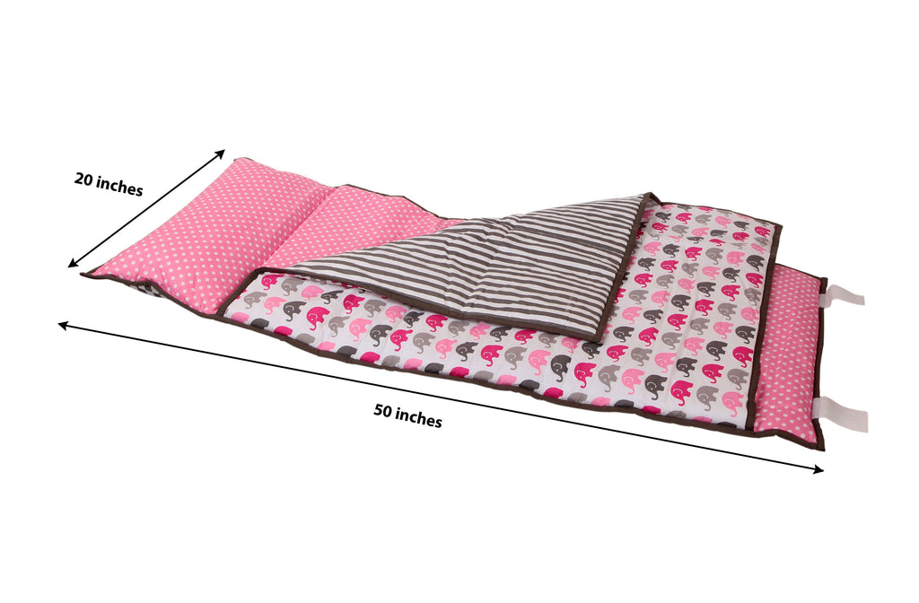 Bacati - Toddlers Daycare/Sleepover Nap Mat with Pillow & Blanket, Elephants Pink/Grey - Bacati - Toddler Napmat - Bacati