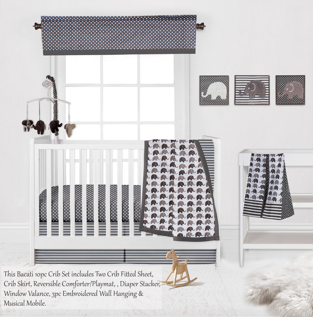Elephants White/Grey Neutral Crib Bedding Set - Bacati - Crib Bedding Set - Bacati