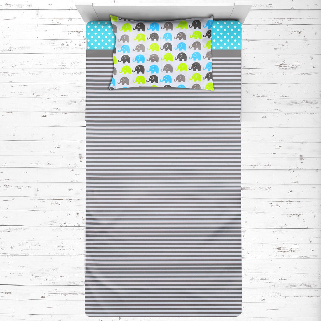 Toddler Bedding/Sheet Set 100% Cotton Percale, Elephants Aqua/Lime/Grey - Bacati - 4 pc Toddler Bedding Set - Bacati