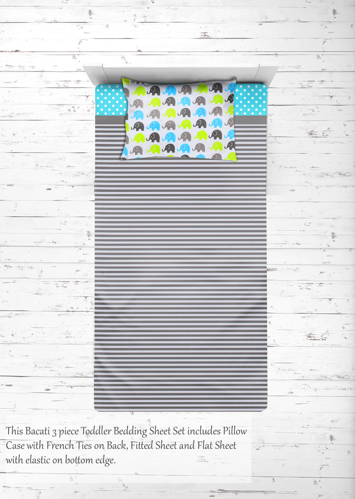 Toddler Bedding/Sheet Set 100% Cotton Percale, Elephants Aqua/Lime/Grey - Bacati - 4 pc Toddler Bedding Set - Bacati