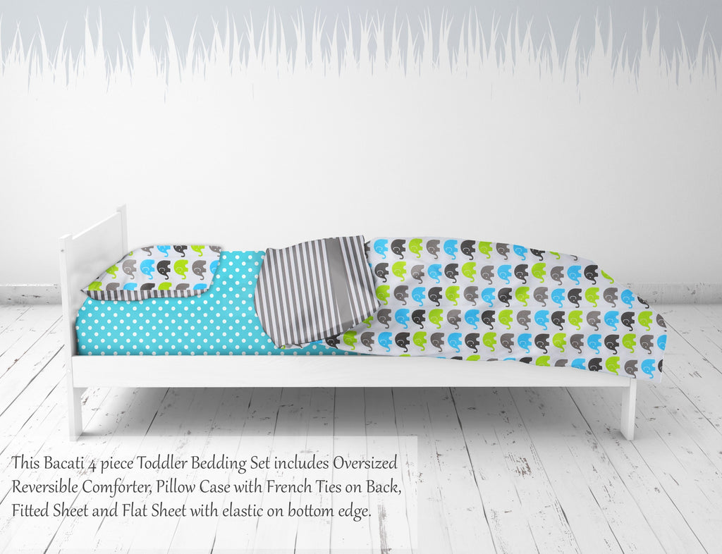 Toddler Bedding/Sheet Set 100% Cotton Percale, Elephants Aqua/Lime/Grey - Bacati - 4 pc Toddler Bedding Set - Bacati