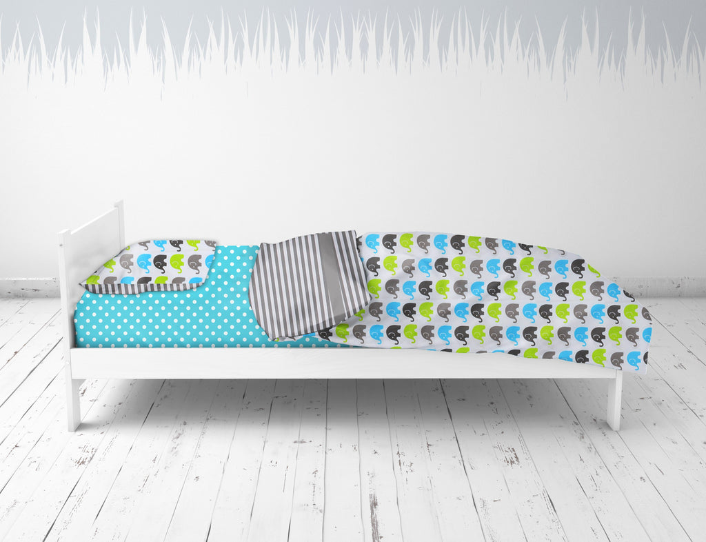 Toddler Bedding/Sheet Set 100% Cotton Percale, Elephants Aqua/Lime/Grey - Bacati - 4 pc Toddler Bedding Set - Bacati
