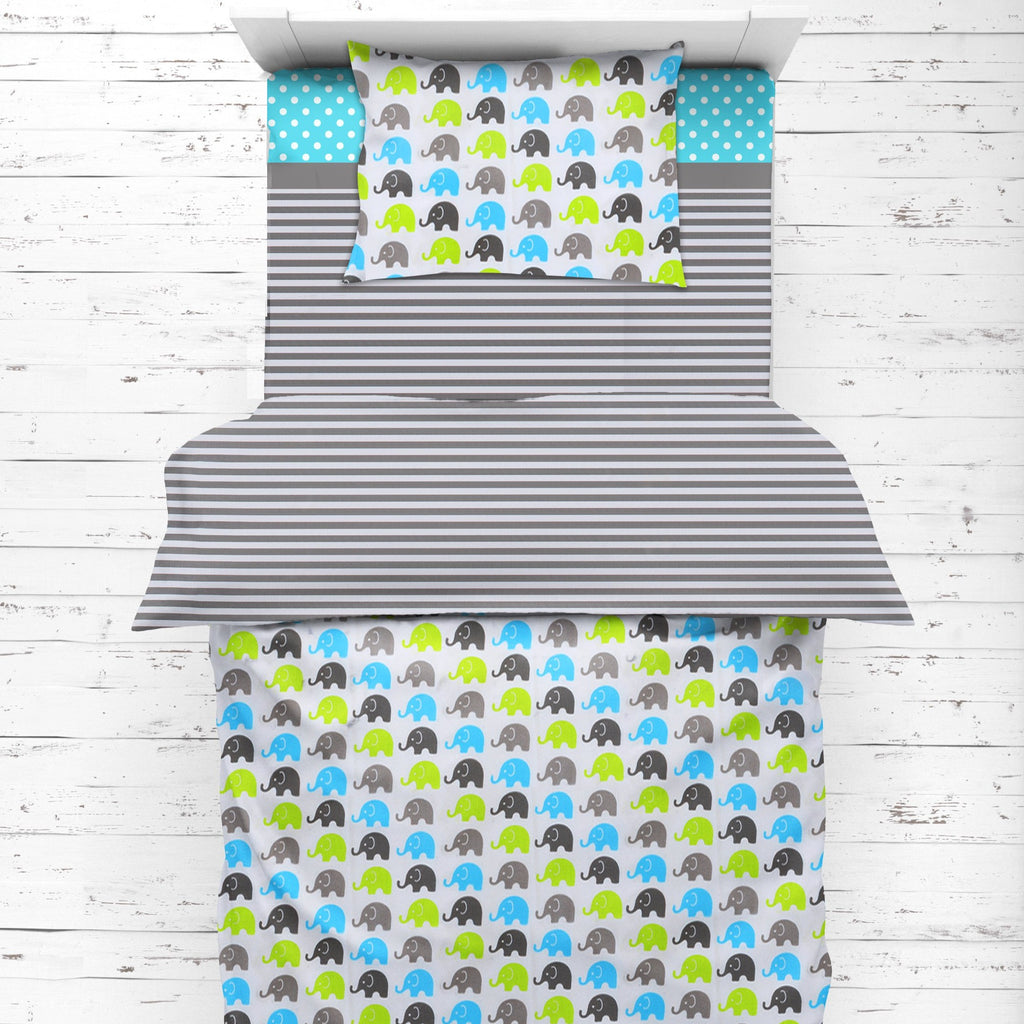 Toddler Bedding/Sheet Set 100% Cotton Percale, Elephants Aqua/Lime/Grey - Bacati - 4 pc Toddler Bedding Set - Bacati