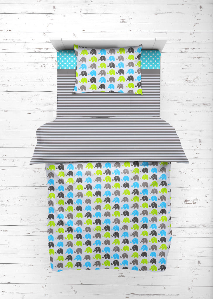 Toddler Bedding/Sheet Set 100% Cotton Percale, Elephants Aqua/Lime/Grey - Bacati - 4 pc Toddler Bedding Set - Bacati