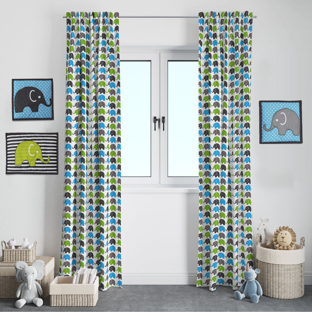 Bacati - Elephants Aqua/Lime/Grey Window Curtain Panel/Valance - Bacati - Window Treatments - Bacati