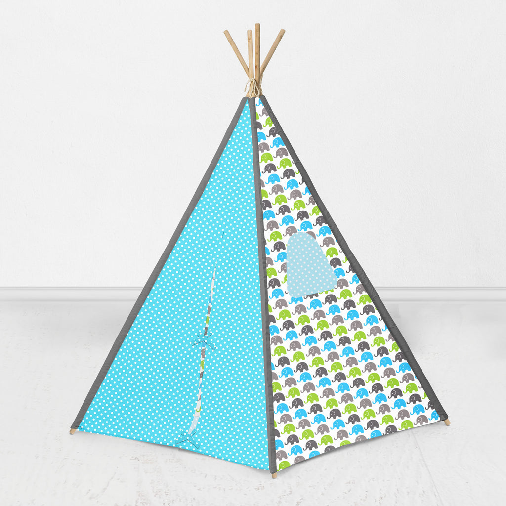 Bacati Elephants Teepee Tent for Kids/Toddlers, 100% Cotton Breathable Percale Fabric Cover, Aqua/Lime/Grey - Bacati - Tee Pee - Bacati