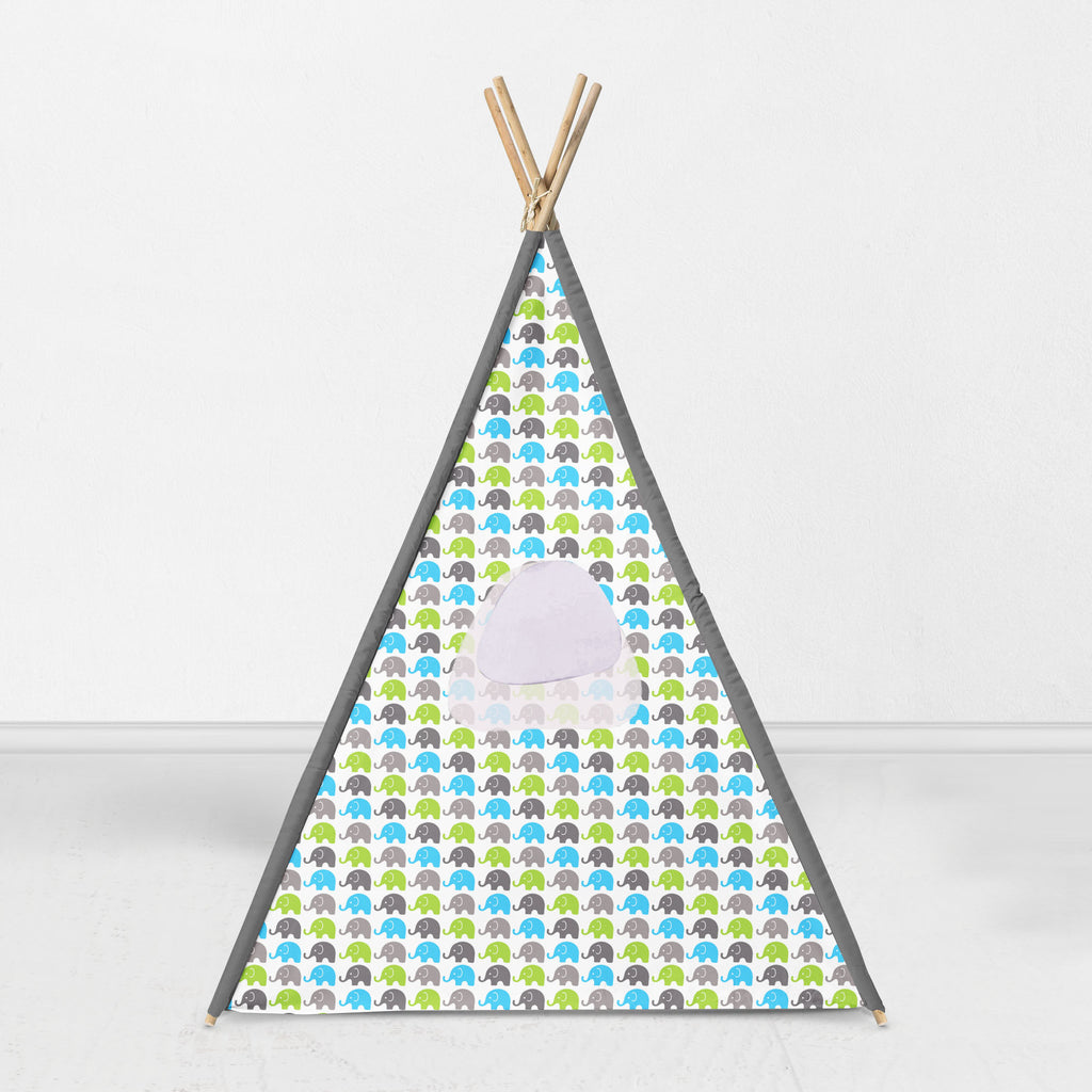 Bacati Elephants Teepee Tent for Kids/Toddlers, 100% Cotton Breathable Percale Fabric Cover, Aqua/Lime/Grey - Bacati - Tee Pee - Bacati