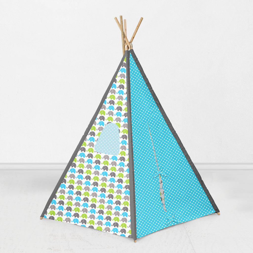 Bacati Elephants Teepee Tent for Kids/Toddlers, 100% Cotton Breathable Percale Fabric Cover, Aqua/Lime/Grey - Bacati - Tee Pee - Bacati